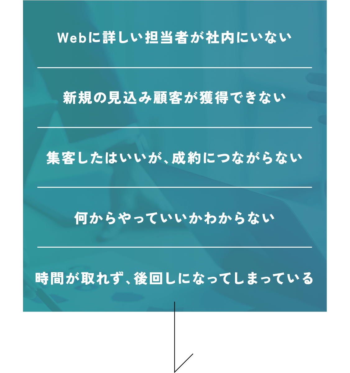 Webに詳しい担当者が社内にいない／新規の見込み顧客が獲得できない／集客したはいいが、成約につながらない／何からやっていいかわからない／時間が取れず、後回しになってしまっている