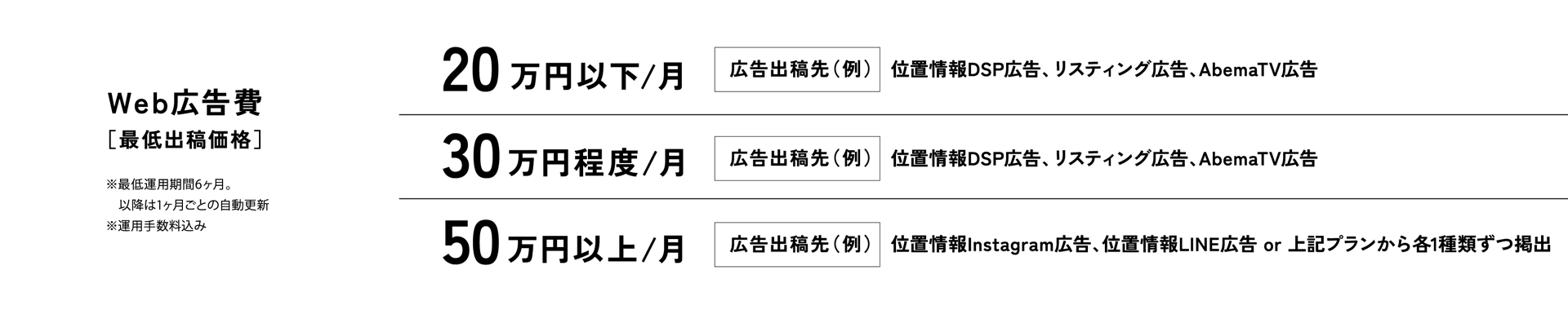 Web広告費　－　[20万円以下/月] 位置情報DSP広告、リスティング広告、AbemaTV広告／[30万円程度/月] 位置情報DSP広告、リスティング広告、AbemaTV広告／[50万円以上/月]位置情報Instagram広告、位置情報LINE広告 or 上記プランから各1種類ずつ掲出